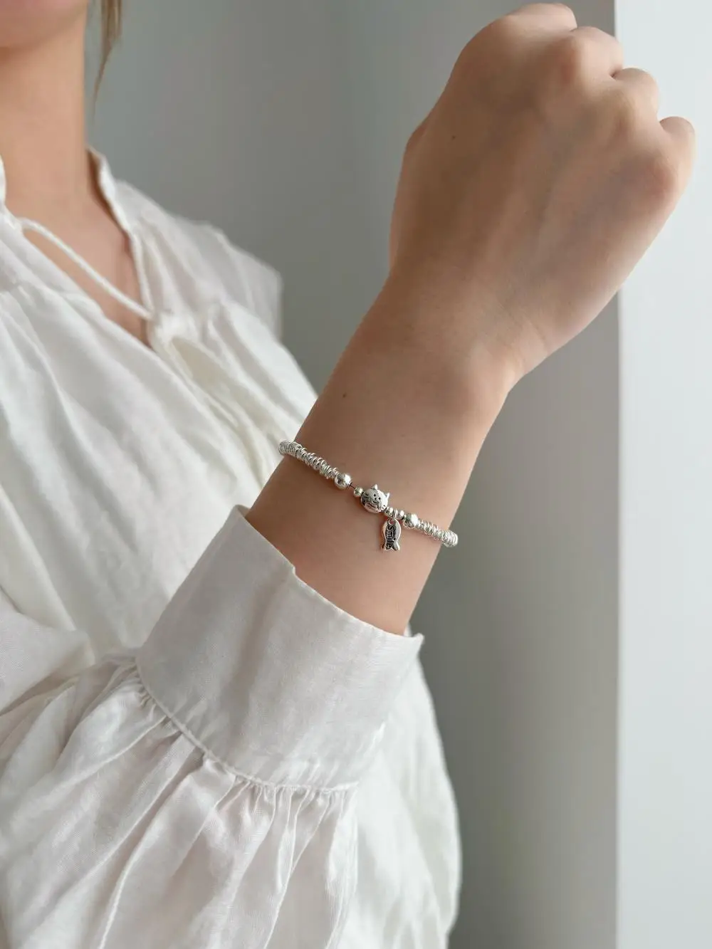 KAKODIY Cartoon Cat and Fish Decoration 925 Sterling Silver Irregular Beads Women's Bracelet Jewelry detail 3