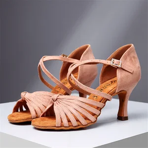 Adult Female Sheepskin Latin Dance Shoes Professional National Standard Heel 7.5cm Size 34-40