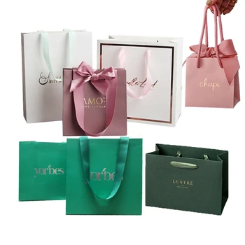 Luxury Green Pink Gold Foil Ribbon Handle Retail Boutique Shopping Packaging Customized Printed Euro Paper Gift Bags With Logo