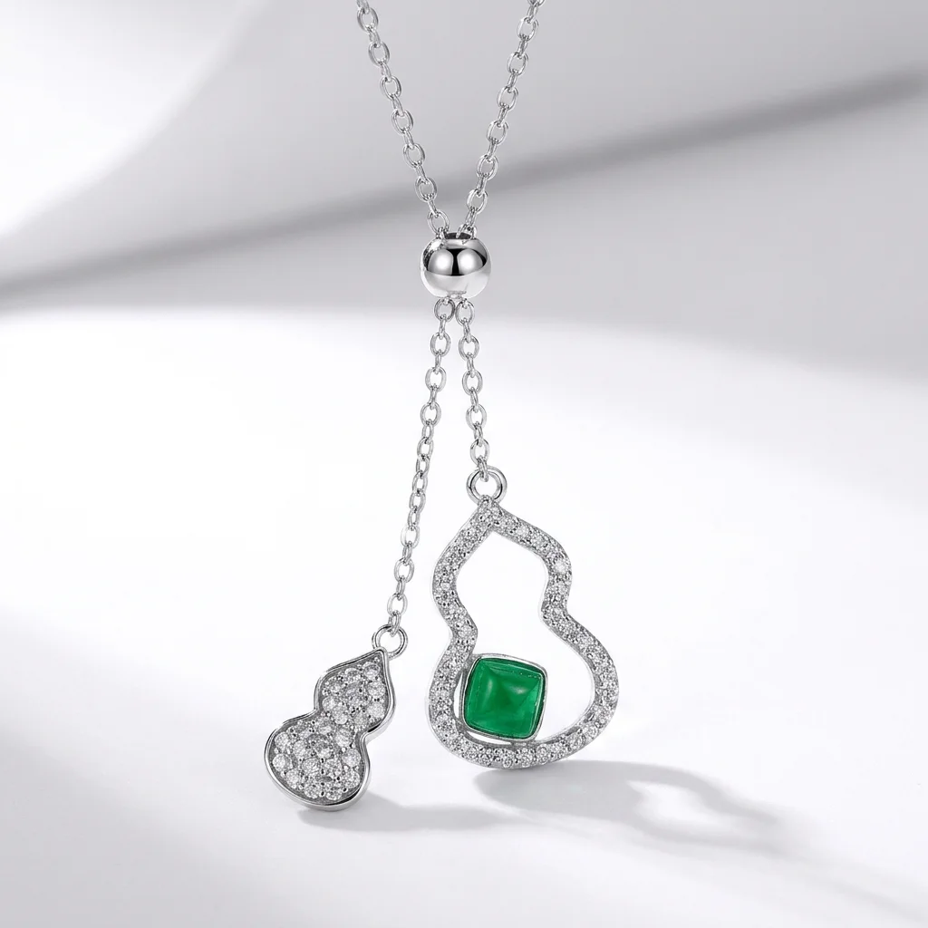 S925 Sterling Silver Gourd Pendant Necklace Green Emerald and CZ Y Chain for Women Wedding Gift