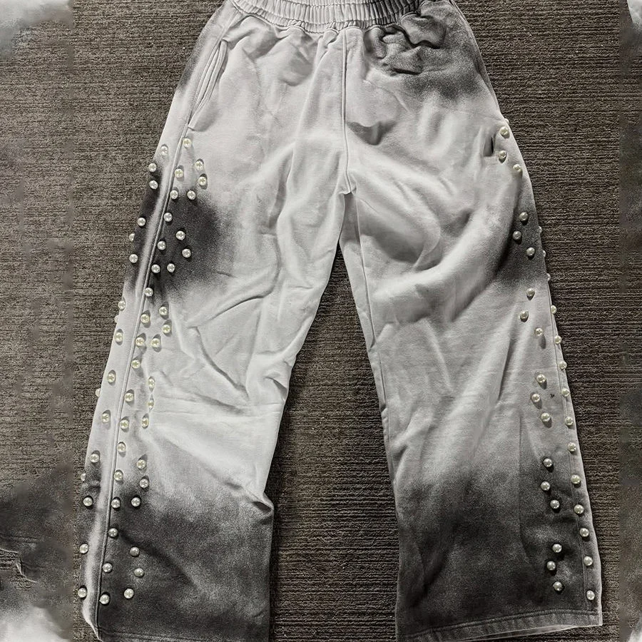 SALATI Street Wear Custom 100% Cotton French Terry Trouser Drawstring Bubble Beads Pants Dirty Wash Flare Sweat Pants for Men gallery 4