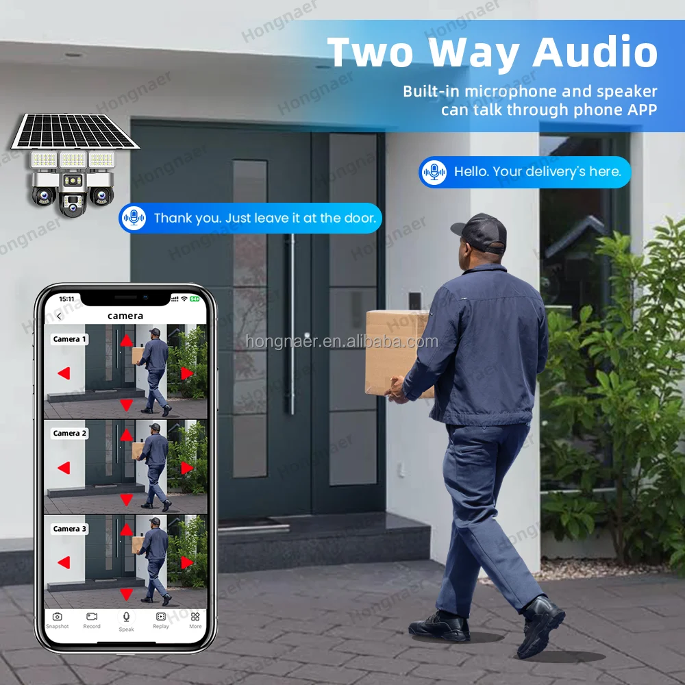 Hongnaer 6MP 3 Video 3 Lens Wireless Solar Panel Powered CCTV PTZ Camera V380 Pro Outdoor WiFi 4G Sim Card Solar Security Camera
