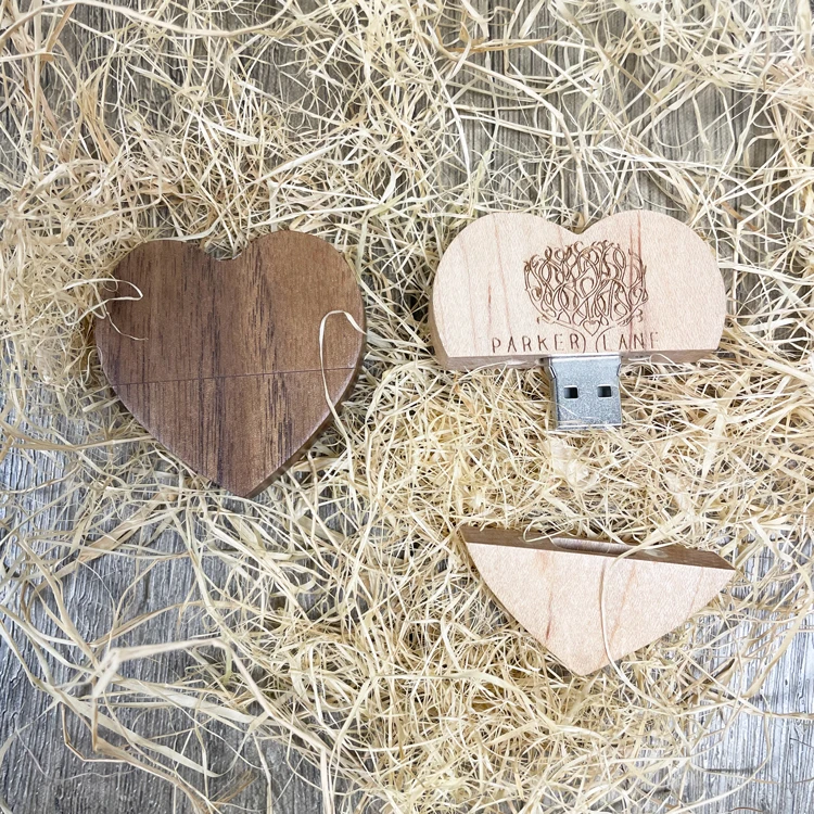 Photography Wedding Gift USB 3.0 Wooden Heart USB Flash Drive Gift Box Pen Drive 4GB 8GB 16GB 32GB 64GB Memory Stick with Logo - ANKUX.COM