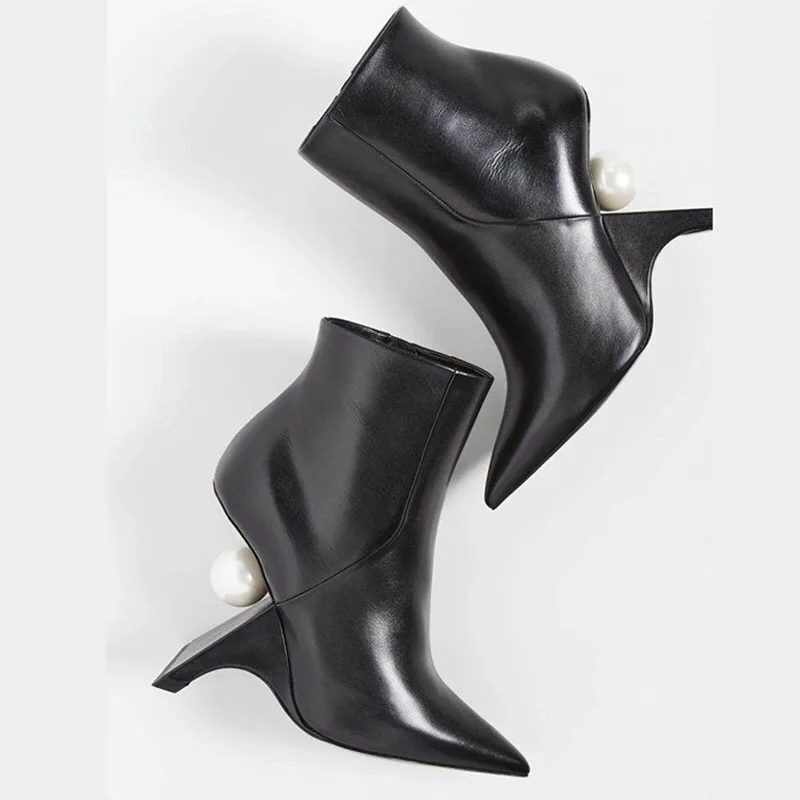Winter Women Strange Heel Pearl Shoes Point Toe Fashionable Ladies Black Short Ankle Boots - Image 1