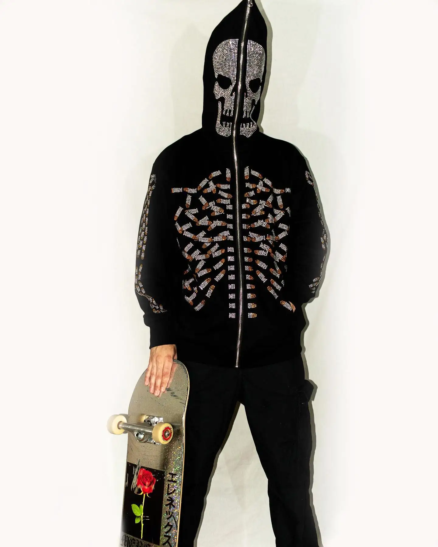 Oem Custom Zip Hoodie Sweatshirts High Quality Wholesale Full Face Zip up Skeleton Rhinestone Men Hoodie gallery 2