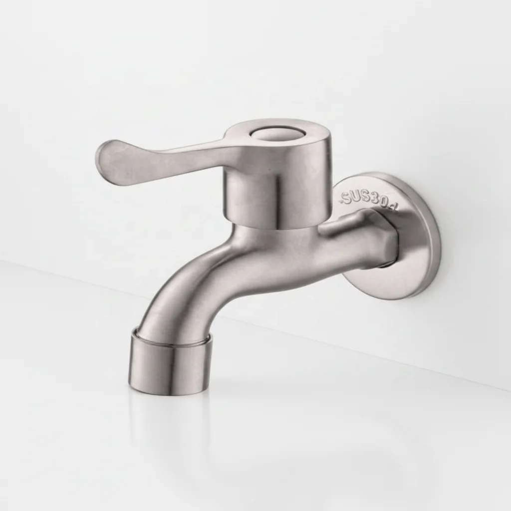 SUS 304 Stainless Steel Single Cold Basin Faucet Modern Brushed Finish Single Handle Water Tap for Outdoor Balcony and Bathroom