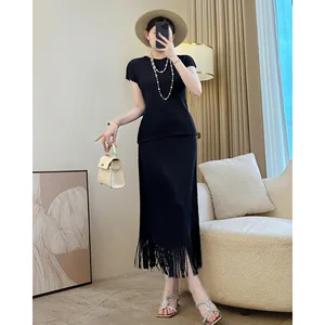 Miyake Black Summer Explosion Fringed Skirt High-End Foreign-Style Age-Reducing Two-Piece Suit with Short Top