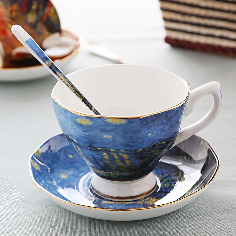 220 250ml Custom Fine Bone China Hand Painted Art Painting Coffee Mug Set Garden Party Ceramic Tea Cup With Saucer Van Gogh Cups