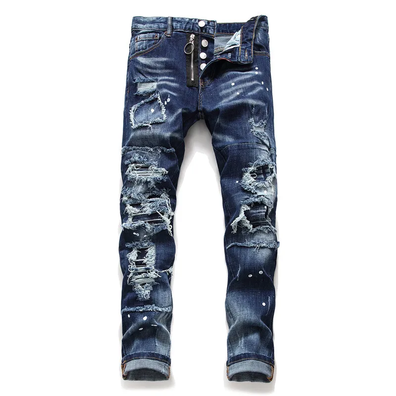 Modello Personalizzato Degli Uomini Blu Denim Jeans Alla Moda Di Marca Dei  Jeans Pantaloni A Vita Alta Scarni Della Rappezzatura Dei Jeans Degli  Uomini Del Denim Dei Pantaloni Per Streetwear - Buy