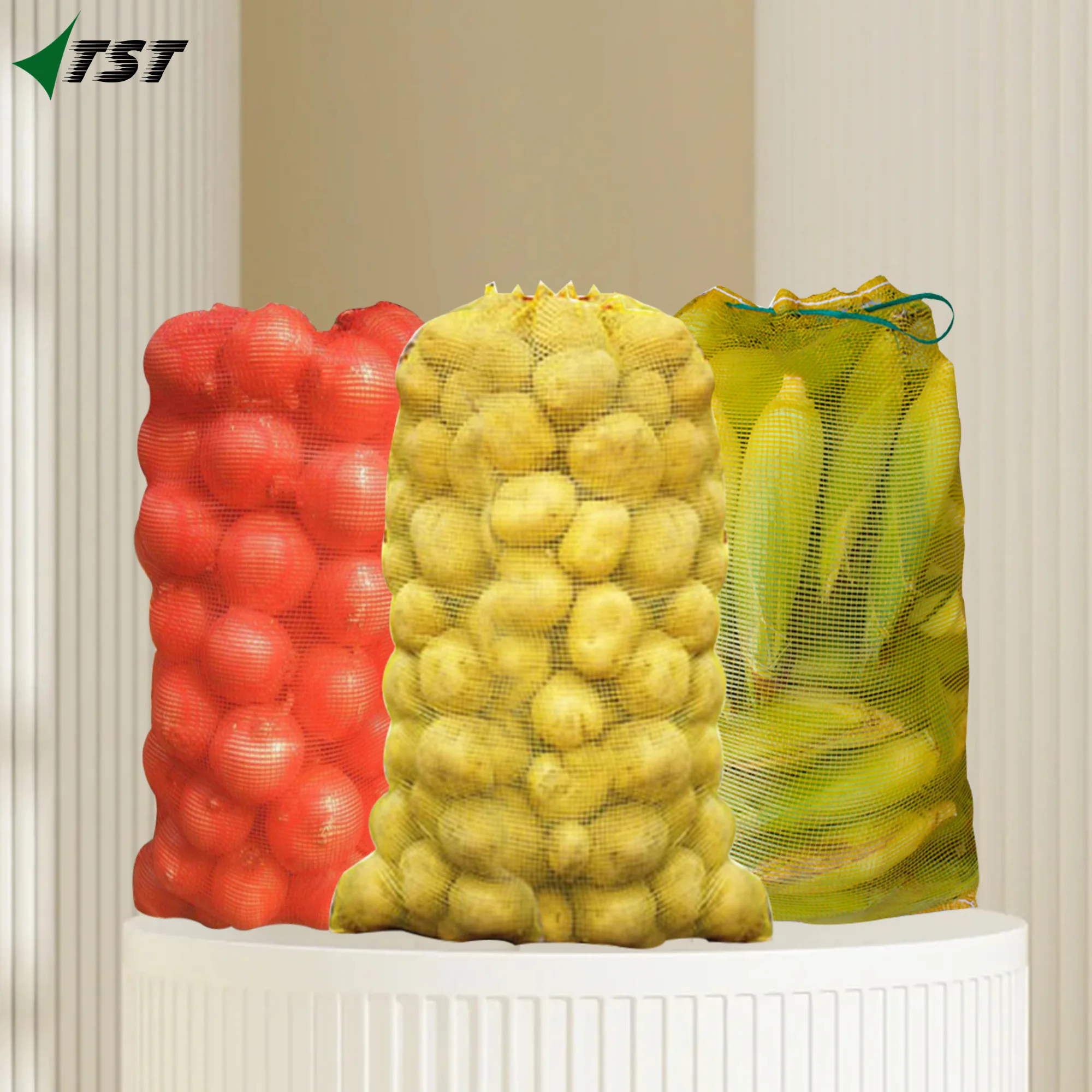 Red Tubular Mesh Bag for Packaging Potatoes Onions Plastic PP Mesh Bag with Custom Drawstring and Sizes for Senegal Markets
