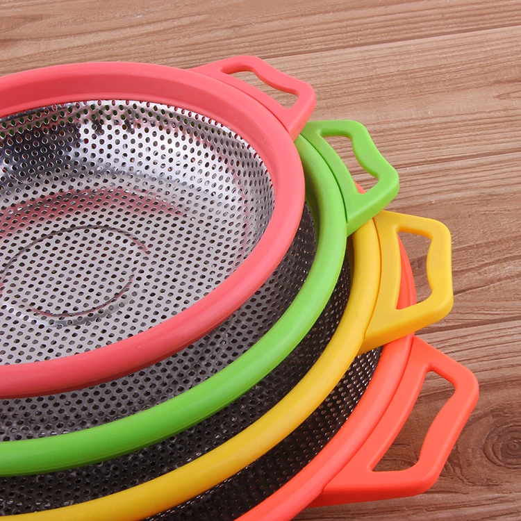 Factory Prices Colorful Stainless Steel Washing Rice Sieve Colanders  Kitchen Colander Strainer With PP Handle_2