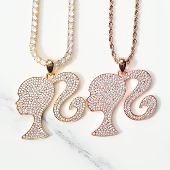 2022 New Hip Hop Jewelry Gold Rose Gold Plated Barbie Pendant Necklace Iced Out Cubic Zircon Chain Pendant Necklace For Women