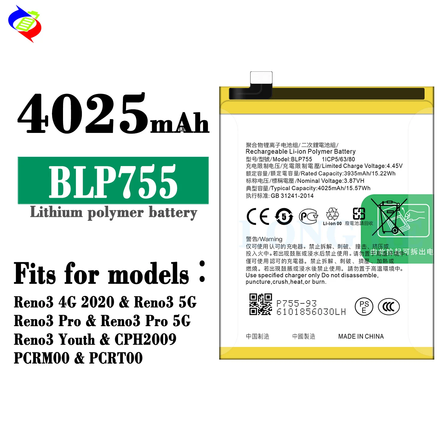 4025mAh BLP755 리노 3 리노 3 프로 CPH2009 PCRM00 PCRT00 OPPO Reno3 배터리 용 휴대 전화  배터리| Alibaba.com