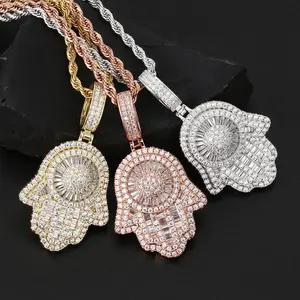 Fashion Hip Hop Style Iced Out Zircon 18K Gold Plated Fatima Eye Hamsa Hand Pendant Necklace Brass for Men