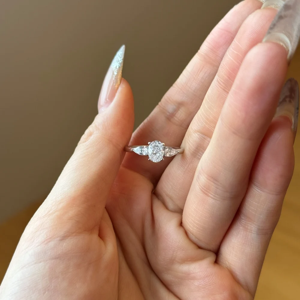 KAKODIY Women's Promise 925 Sterling Silver Engagement Wedding Classic Oval Triple Stone Ring detail 2