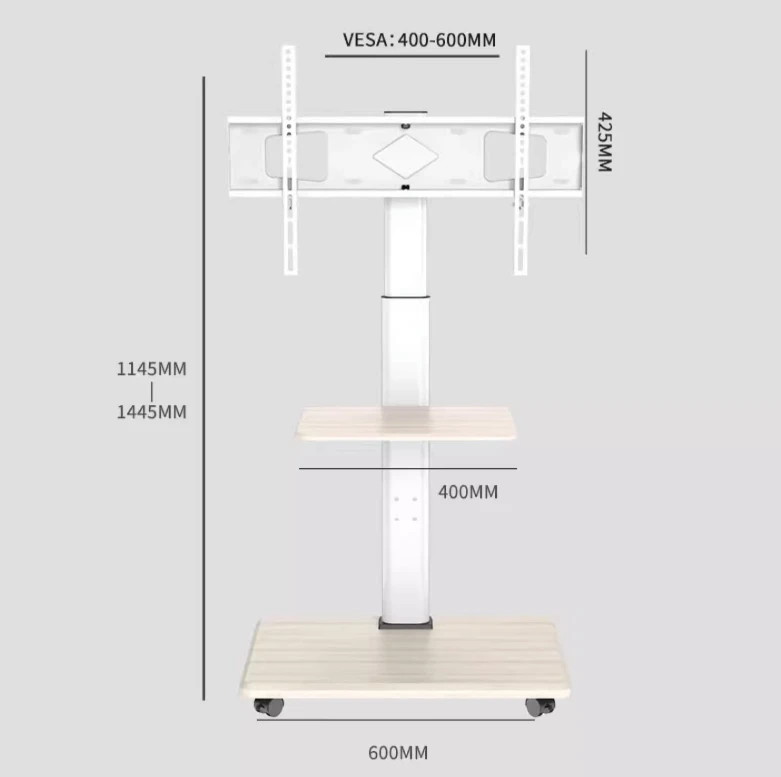 height adjust 40kg 32"-75" LCD TV Floor stand trolley cart 1445mm with wheel brake white 400x400 600x400 with shelf