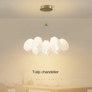 JACKSUN Nordic Style Cream Tulip  Chandelier Romantic Iron Material Pendant Light for Master Bedroom New House Lighting