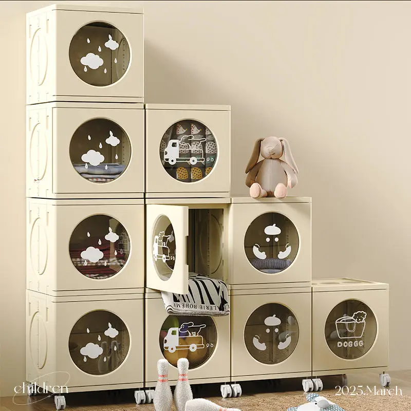 4-Tier Foldable Plastic Storage Cabinet Injection Techniques Square Shape Door Wheels Simple Household Foldable Storage Unit supplier
