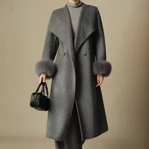 Korean Lazy Cashmere Wool Grey Women's Coat 2025 New Warm Long Loose Slim Elegant Trench Coat Women