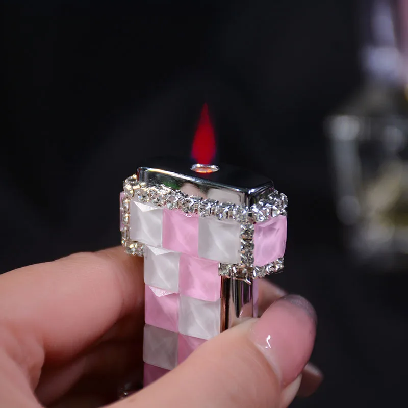 ladies gas cigarette lighters Windproof Jet Rhinestones Red Flame Cigarette Lighters