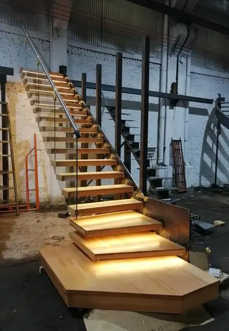 Floating modern staircase indoor invisible steel stringer wood stairs with glass railing factory