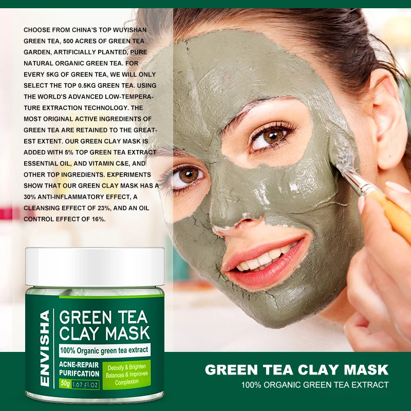 Envisha Beauty Free Designed Private Label Peel Off Clay Mud Mask Cleansing Anti Acne Organic Green Tea Facial Mask