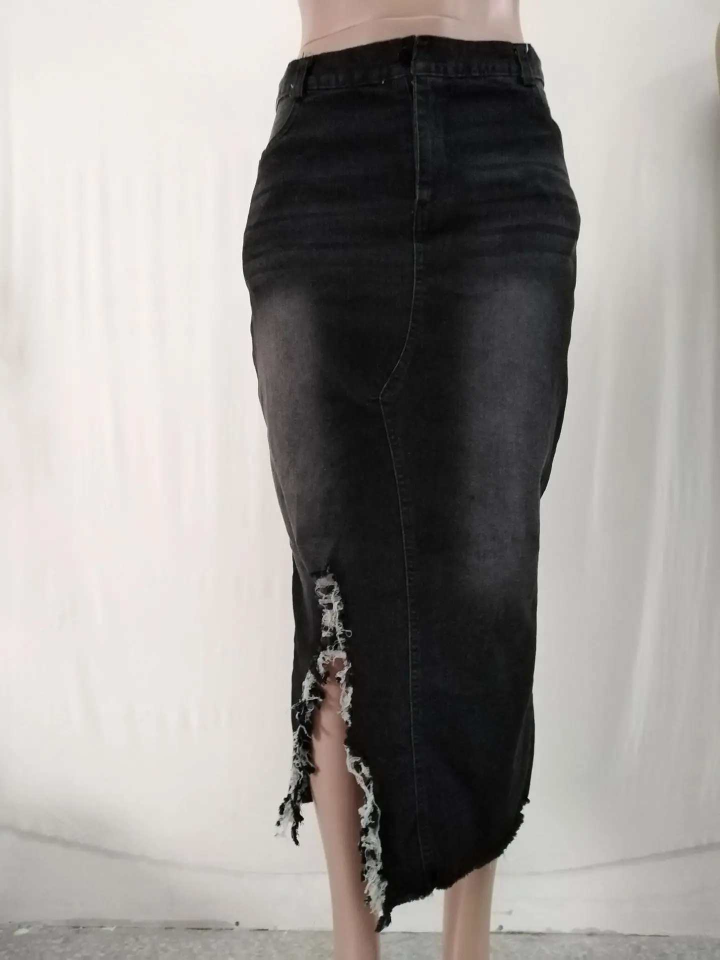 High Waist Washed Denim Slit Pack Hip Skirt - Buy Leather Skirts ...