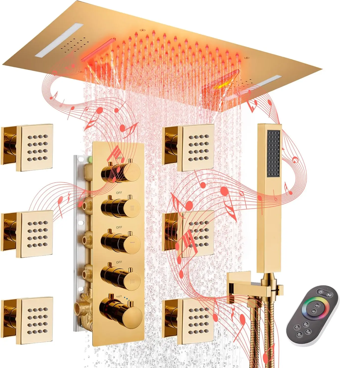 Thermostatic Shower Jets System LED Bluetooth Music Waterfall Rainfall Luxury Brushed Gold Shower Head System
