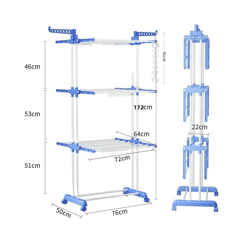 Multifunctional Floor-standing Three-layer Clothes Drying Rack Indoor Folding Floor-standing Mobile Clothes Rack