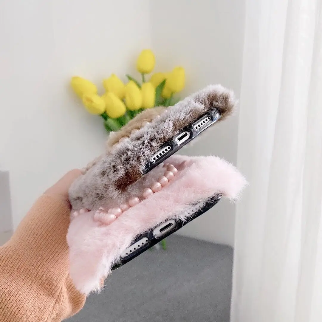 Luxury Soft Plush Rubber Rabbit Phone case for iPhone 16 with Pearl for  IPhone16 Fluffy Phone case 16pro Max Winter Back Cover