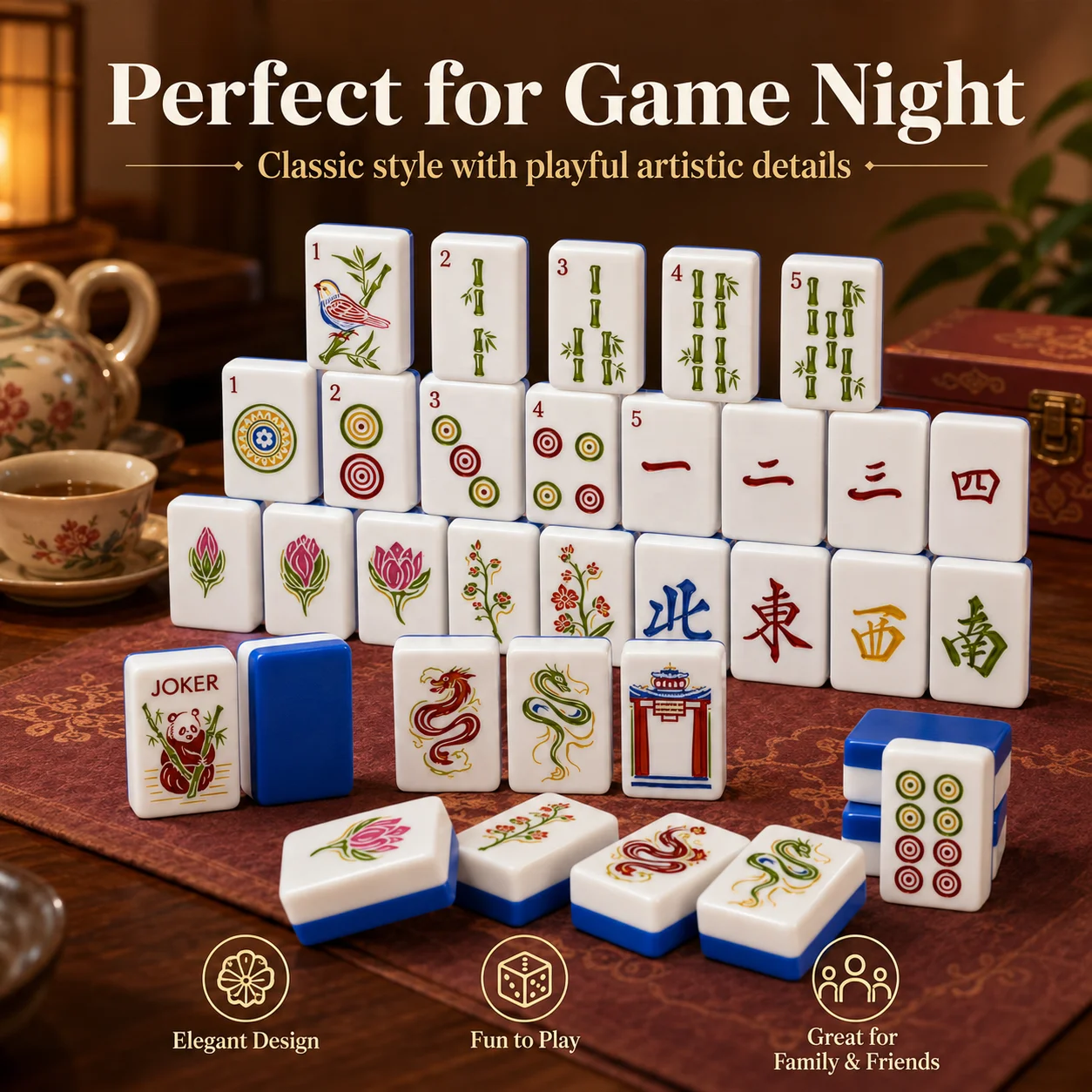 Custom 160-Piece American Mahjong Complete Set, Asian Nature Panda & Lotus, Royal Blue Edge, OEM ODM for Cultural Collectors