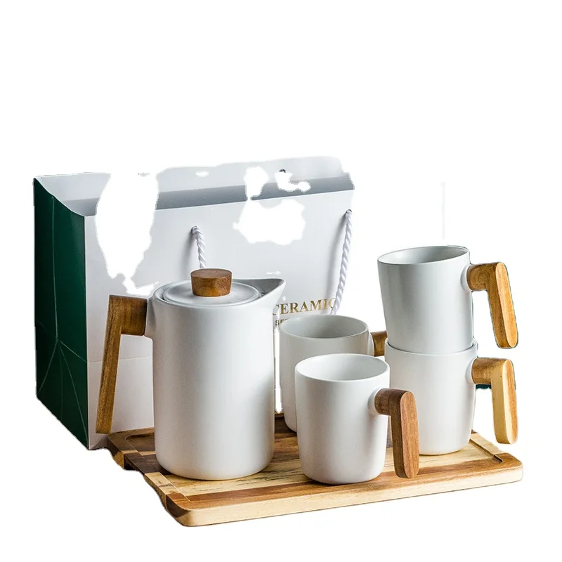 Nordic Style Ceramic Tea Set with Wooden Handle and Wooden Tray Mat White Glaze