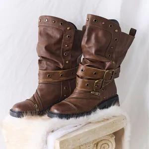Wholesale High Quality Women's Winter New Style Heavy Industry Used Rubbing Color Zipper Rivet Stacking Middle Tube Long Boots