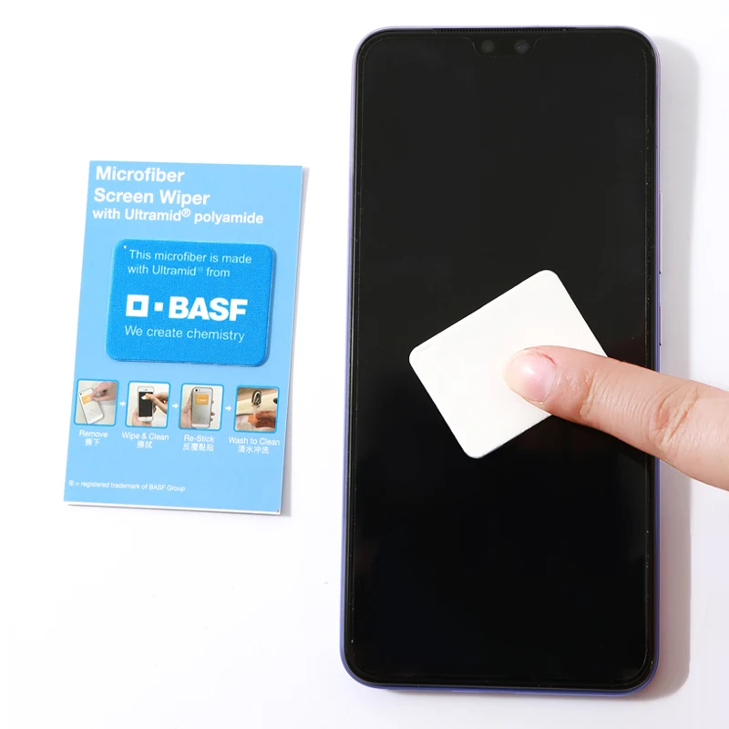 Customized Logo Hand Phone Microfiber Cloth Sticky Screen Cleaner Sticker With Paper Card Printed Adhesive Mobile Phone Cleaner