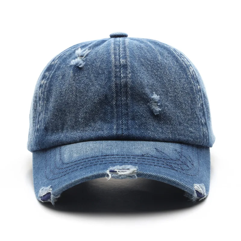 Washed Vintage Distressed Adjustable Men Women Denim Plain Cotton Baseball  Dad Jeans Caps with Custom Logo