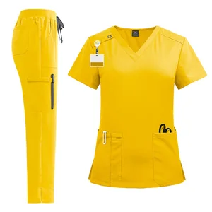 Customized Knitted Spandex Jogger Sets Hospital Scrub Uniform with Moisture Absorption Four Season Medical Scrub Top Long Pants