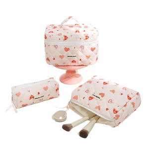 Large Capacity Cotton Portable Organizer Quilted Women Makeup Bag Zipper Cute Cartoon Cut Bow Cosmetic Travel Toiletry Bag
