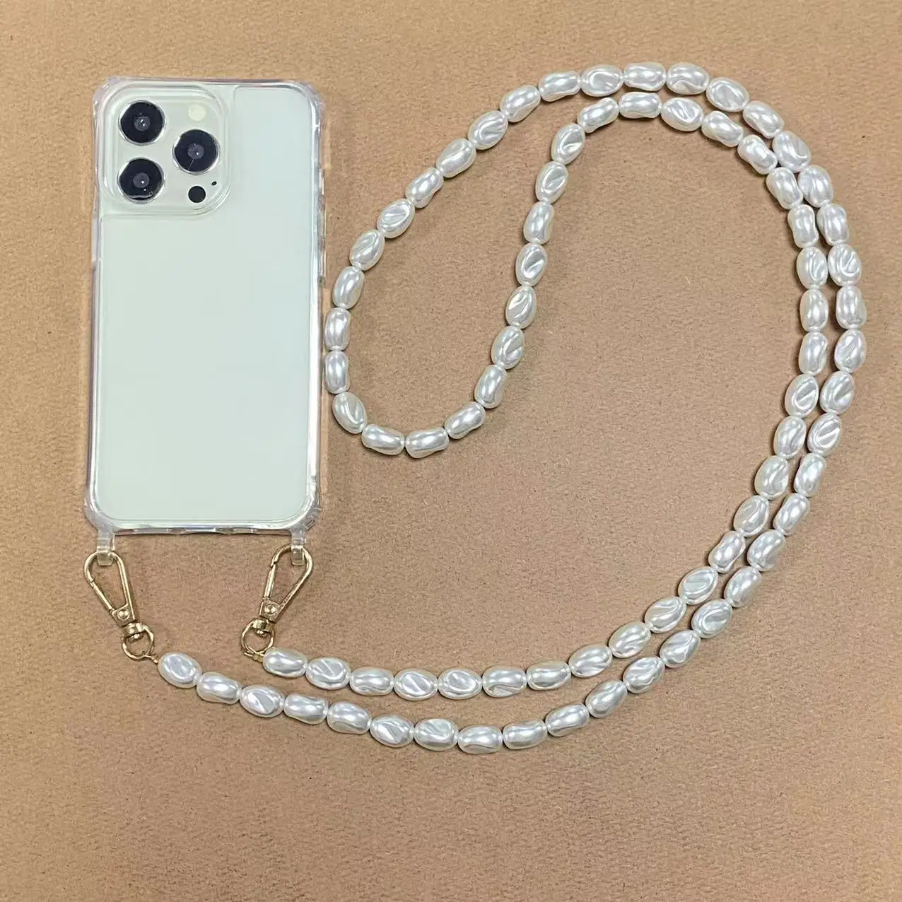 Transparent Phone Cover Free Shipping Back Cover Cellphone Pearl Beads  Chain Strap Case for iPhone 11 13 14 Pro Max