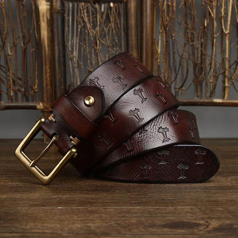 Vintage Korean Version Machine Pressed Pattern Italian Plant Tanned Male Leather Pure Cowhide Copper Buckle Belt Wholesale