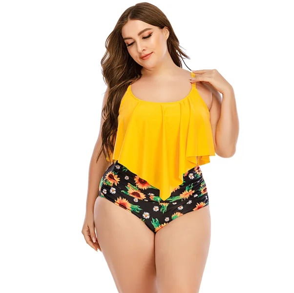 Custom Logo Women Plus Size Yellow Ruffle Swim Top Sunflowers Printed High Waisted Yellow Swimwear 5xl