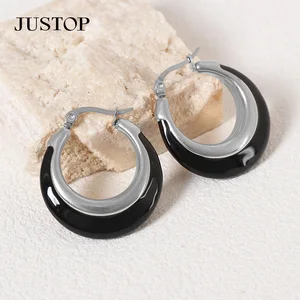 Trendy Chunky Black Epoxy Steel Plated Stainless Steel U Hoop Drop Earrings for Women and Girls Fashionable Jewelry Gift Enamel