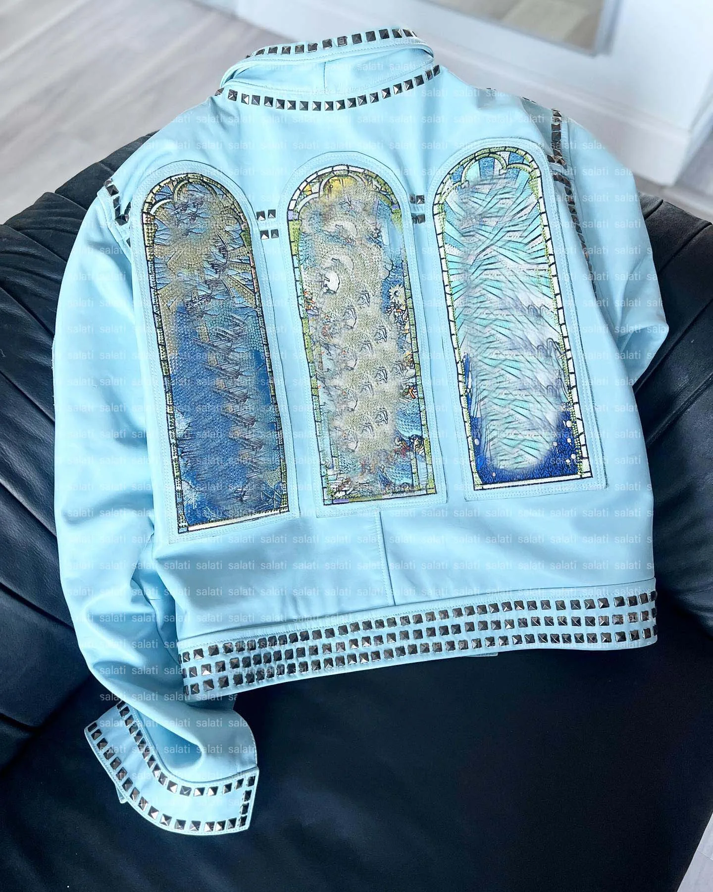 Custom Luxury Men's Bomber Jacket Salati PU Crop with Embroidery Rhinestone Print Winter Zip-up Biker Style gallery 2