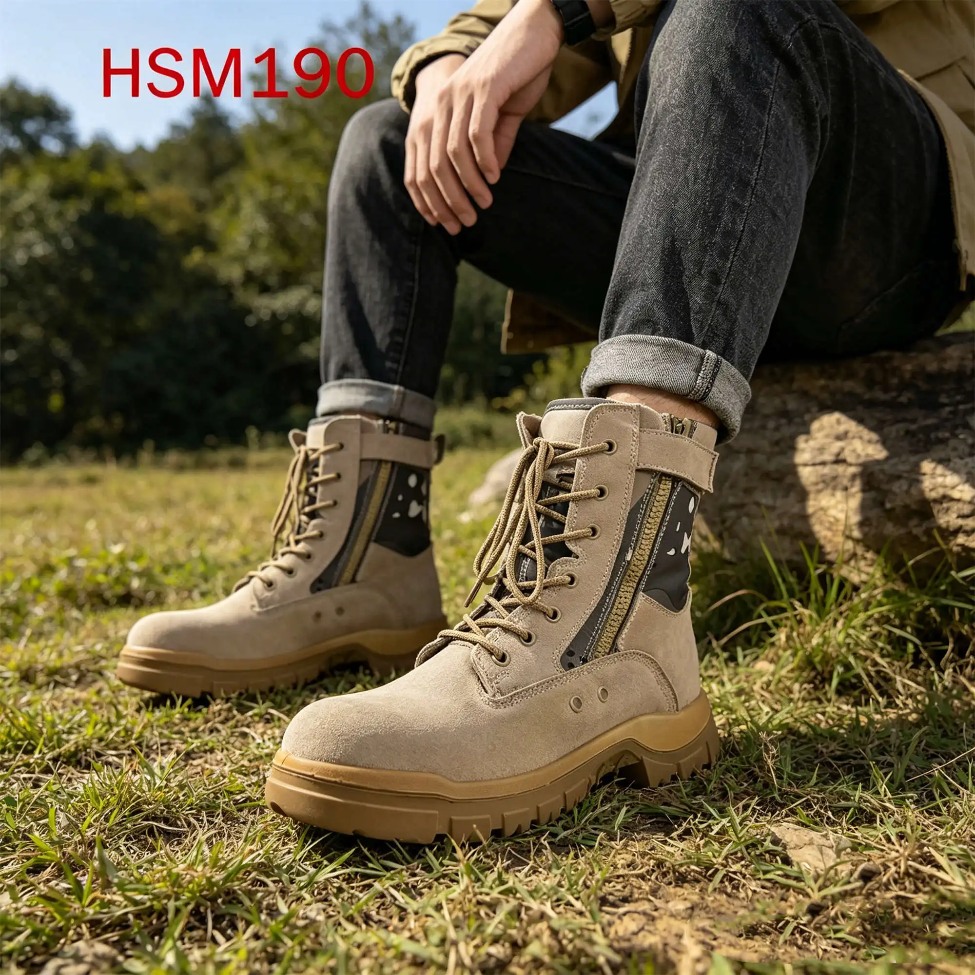 WYC, Bottes tactiques d’aventure dans le désert de Gobi en PU / injection PU, bottes de combat antidérapantes adaptées à divers types de sols, avec fermeture à glissière et velcro HSM190