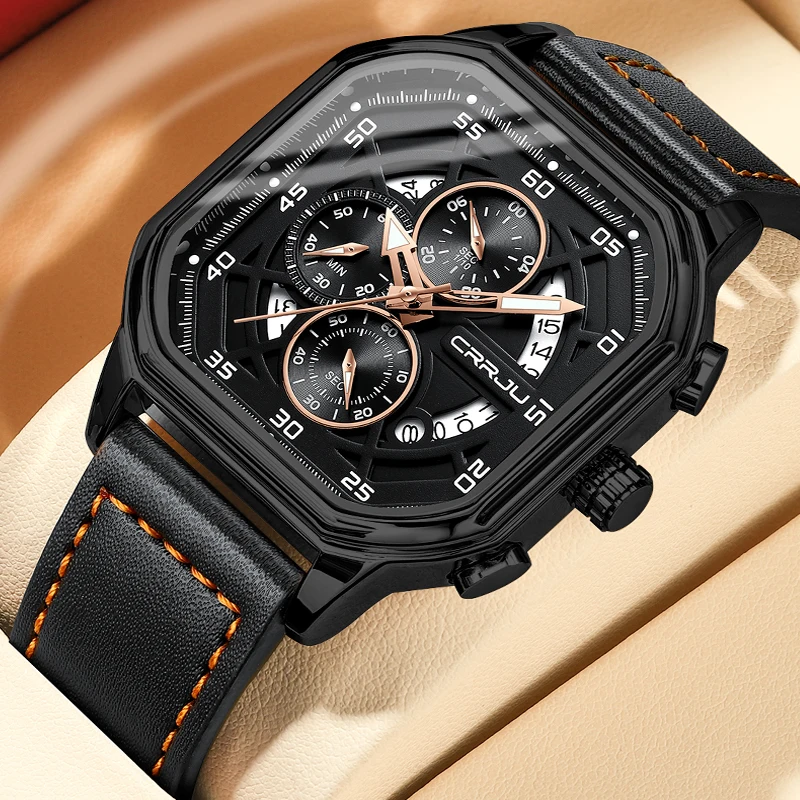 CRRJU Factory 2314  Customized logo Quartz Watch for Men  Chronograph Alloy case  Square Wristwatch Waterproof Watch