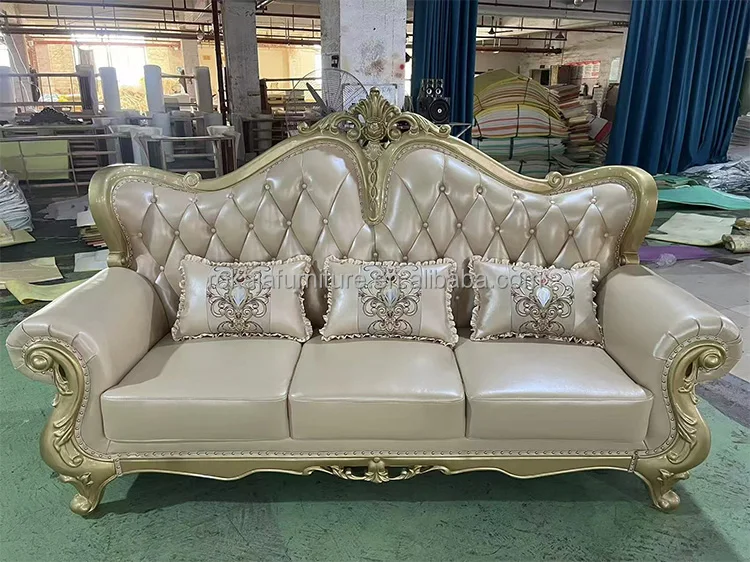 European Style Leather Sofa 123 Combination Retro Royal Sofa Luxury Villa Living Room Champagne Gold Solid Wood Carved Sofa Set