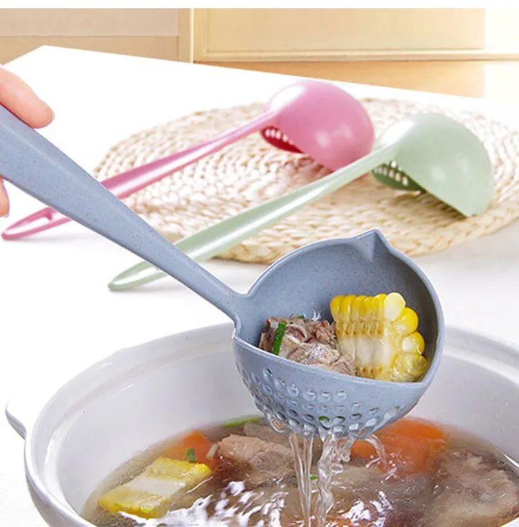 Wheat straw 2-in-1 household kitchen soup spoon Long handle plastic colander strainer tableware fondue spoon scoop scoop factory