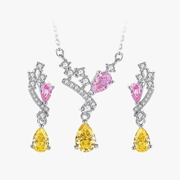 S925 sterling silver necklace women's ice cut stone yellow and pink zircon earrings necklace fine jewelry set