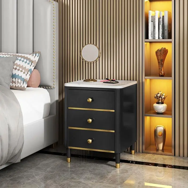 Factory Price  Modern Simple  Bedside Table Cabinet Black Corner Nightstand Side Bedroom Table with Three Drawers
