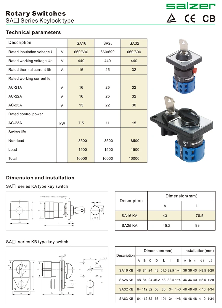 SALZER SA16 16 Amp 01 2 position 3 pole 61003 rotary switch cam