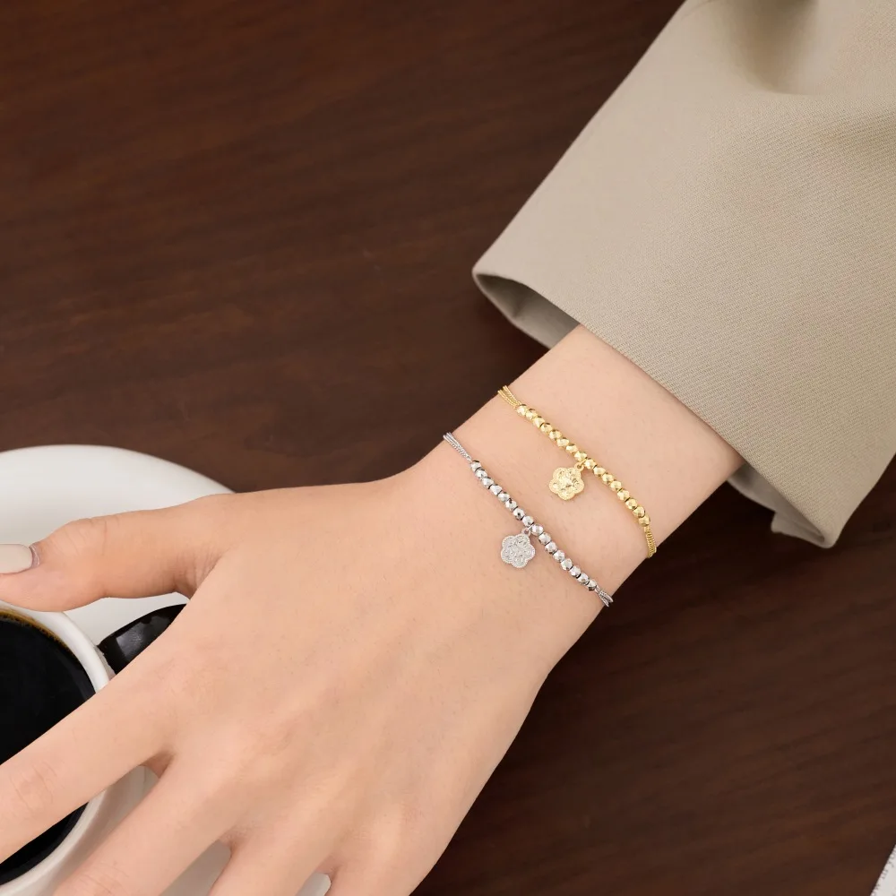 KAKODIY Luxury Design 925 Sterling Silver Double Layer Chain Beads Five Petal Flower Pendant Adjustable Length Bracelets and Bangles detail 1